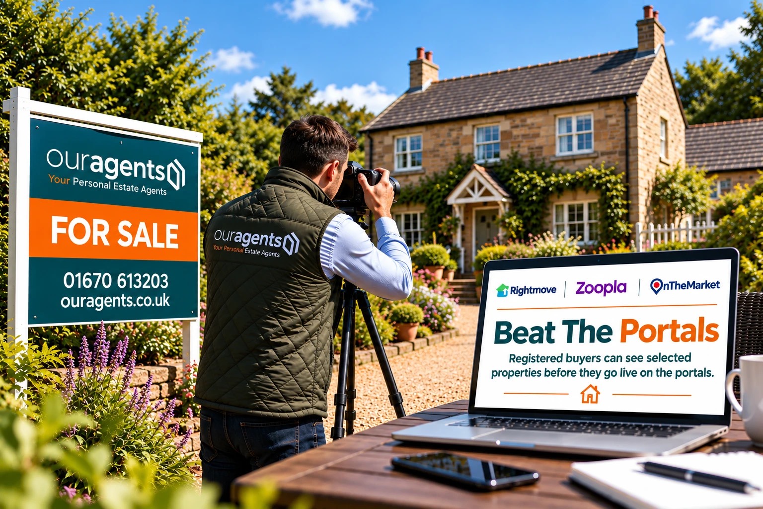 Beat the Portals — registered buyers see selected Northumberland properties before they go live on the portals Our Agents photographer shooting a Northumberland stone cottage beside an Our Agents For Sale board, with a laptop showing the Beat the Portals pre-market campaign on Rightmove, Zoopla and OnTheMarket