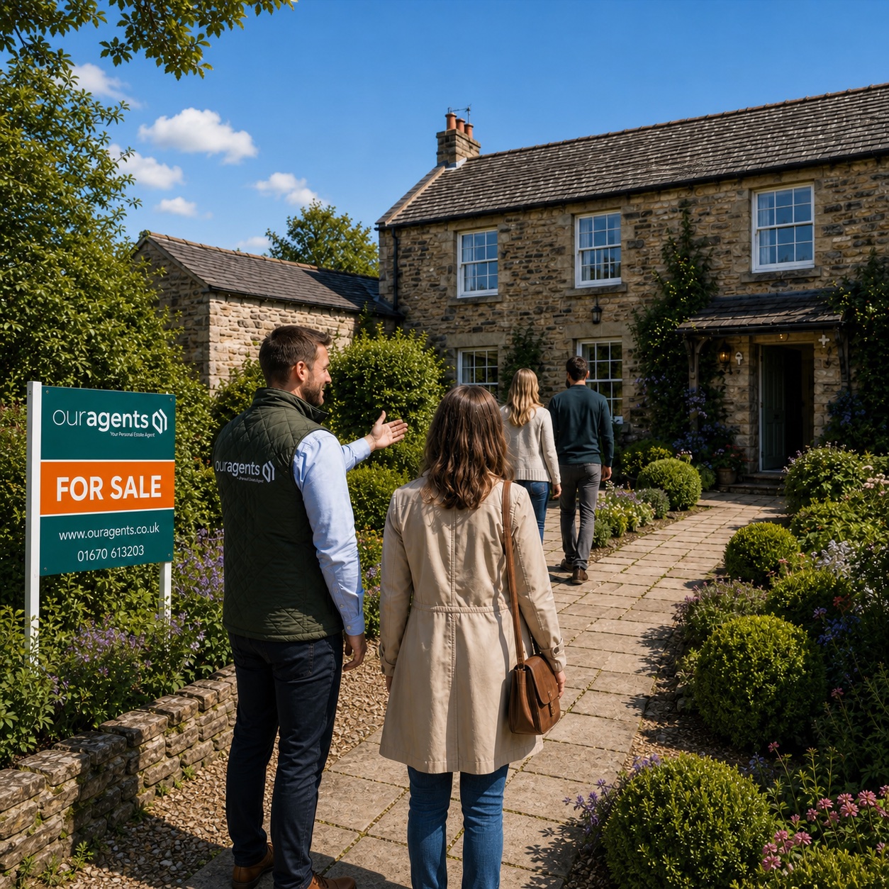 Buyers arriving at an Our Agents open house event at a stone cottage in Northumberland