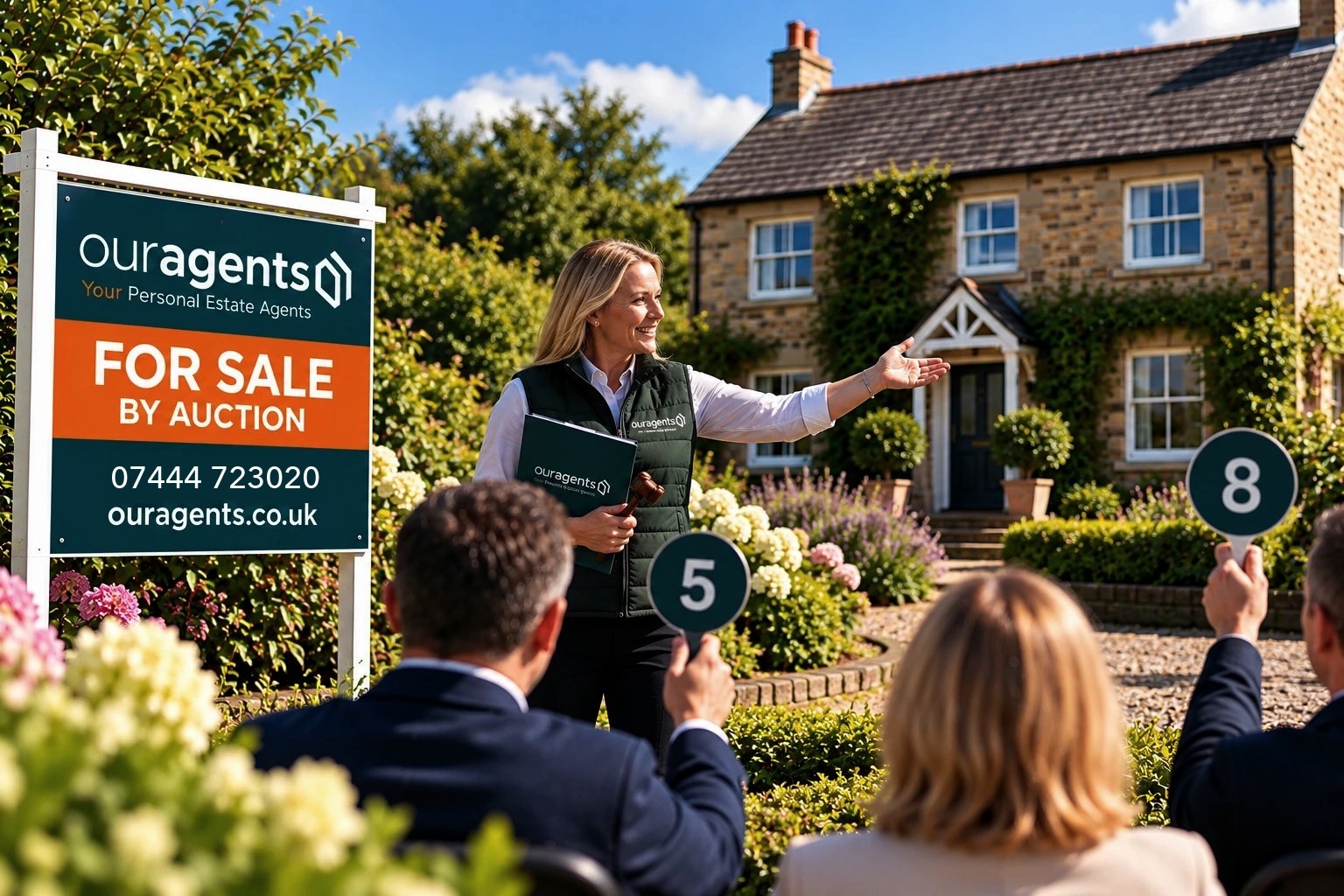 Property auctions in Northumberland — competitive bidding and a legally binding sale with Our Agents Our Agents auctioneer with gavel presenting a Northumberland stone cottage to bidders holding numbered paddles, beside an Our Agents For Sale by Auction board