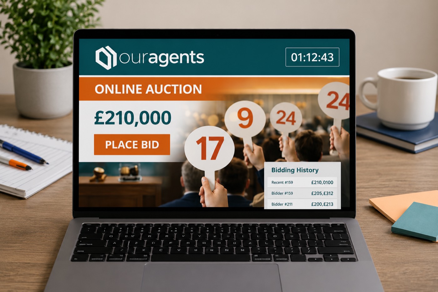 Online property auction with live bidding on laptop — fast, secure sales at Our Agents